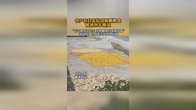 农户在自家院内晒粮食被洒水车喷湿